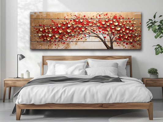 Red Gold Wood Print – Abstract Tree Wall Art On Natural Wood Panels