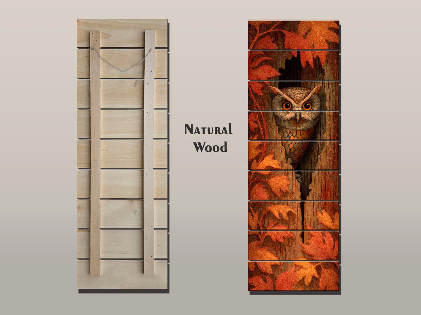 Curious Owl Peeking from a Hollow Tree with Autumn Leaves Print on Natural Wood, Vertical Autumn Painting, Wood Wall Art, Cozy Cabin Decor