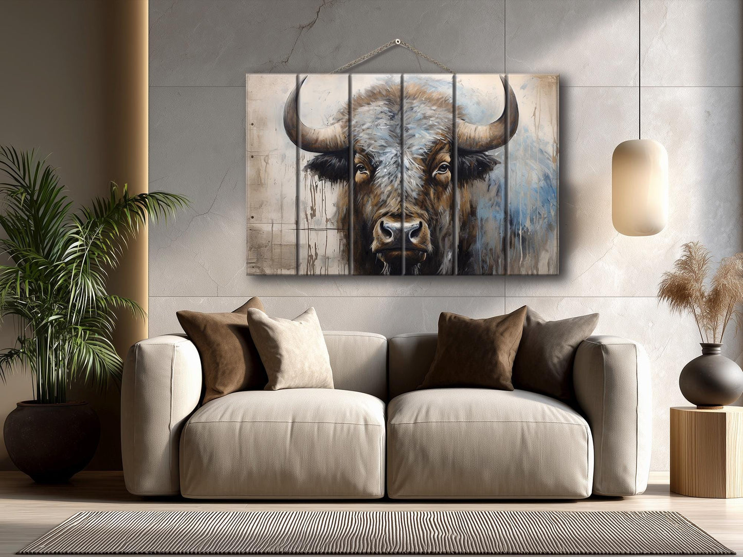 Rustic Wood Wall Art – Bison Abstract Painting on Wooden Planks | Farmhouse Decor