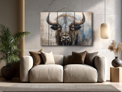Rustic Wood Wall Art – Bison Abstract Painting on Wooden Planks | Farmhouse Decor