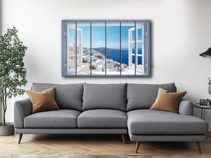Santorini Wood Art - Natural Wood Print | Open Window Wall Decor on Planks
