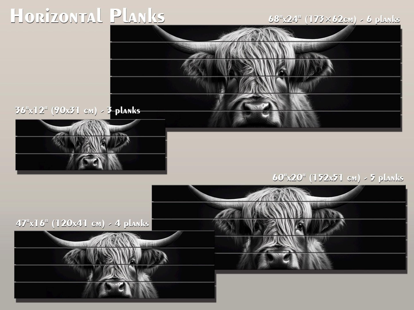 Highland Cow Wall Art – Rustic Farmhouse Wood Decor | Black And White Cow Print
