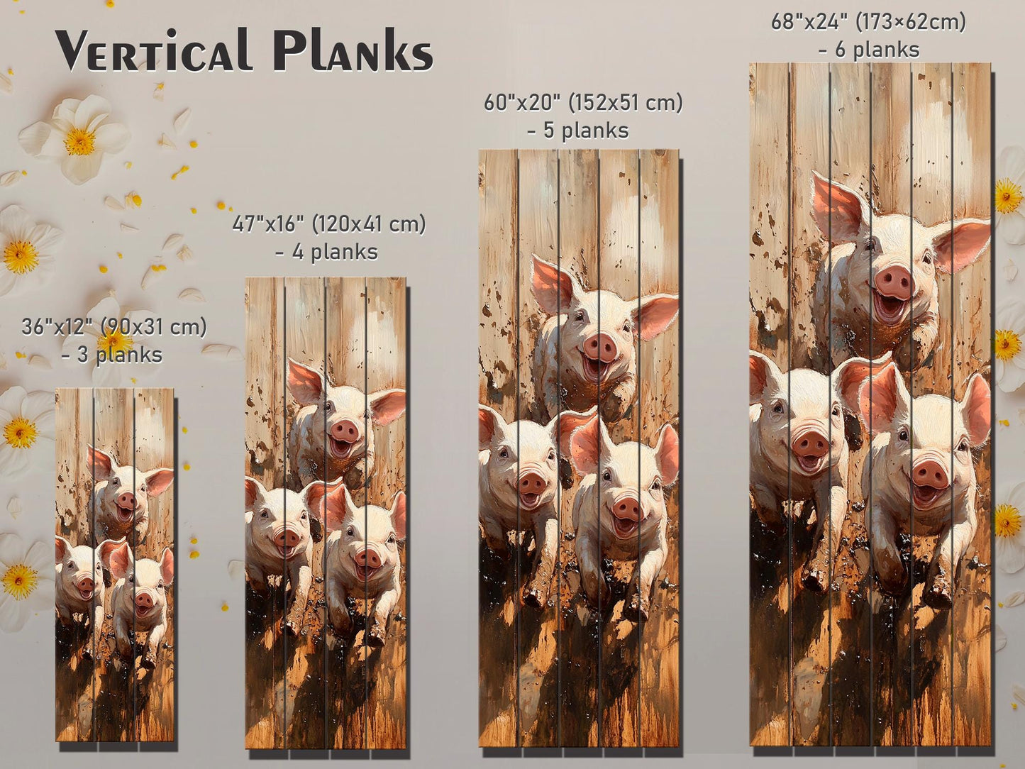 Playful Piglets in Muddy Pen Painting Printed on Natural Wood – Farm Animal Print on Rustic Linden Wood with Sunshine and Country Colors