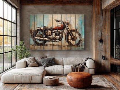 Abstract Rustic Painting of Vintage Motorbike Printed on Natural Wood