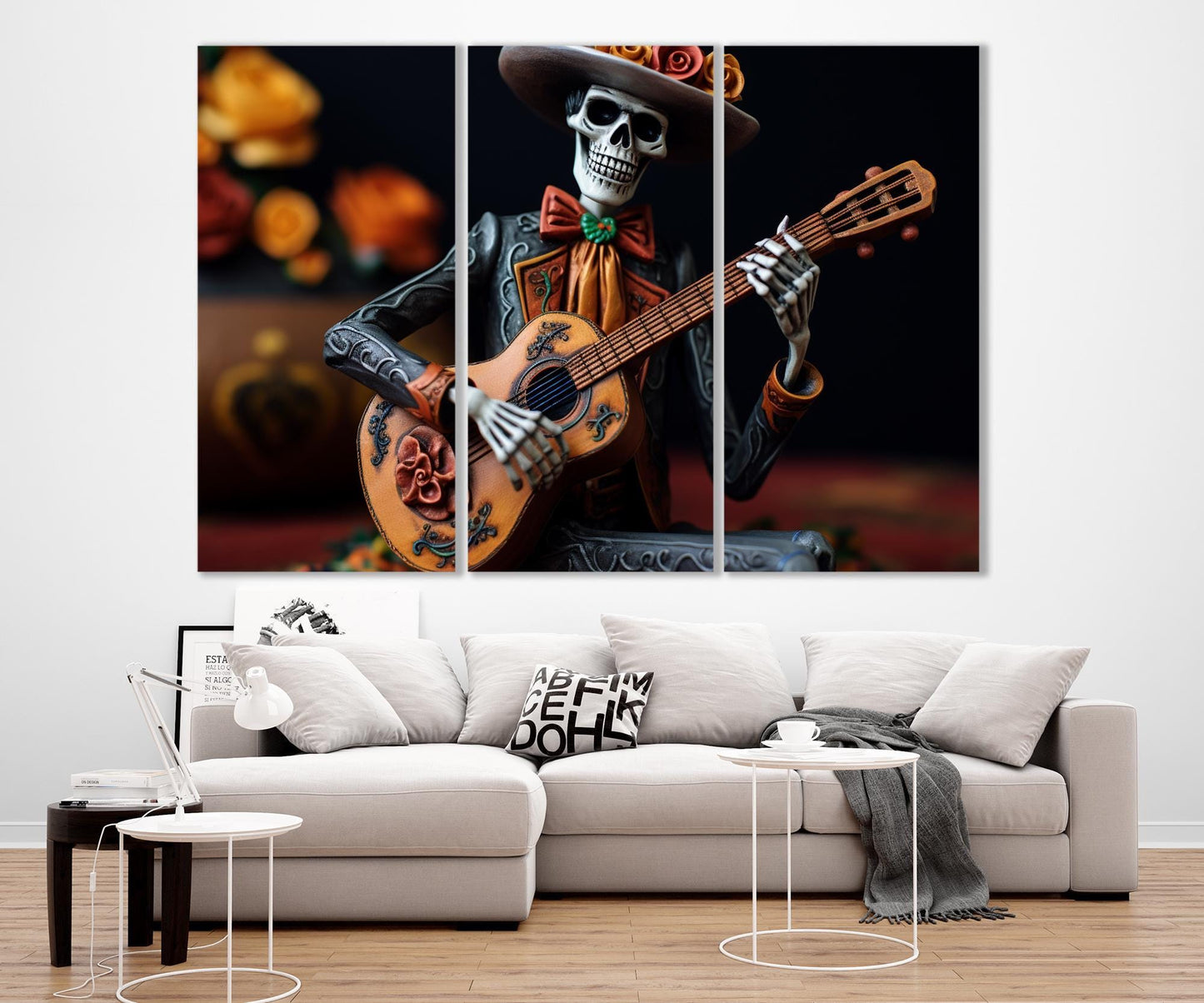 Skeleton Guitar Canvas – Framed Canvas Print | Day of the Dead Wall Art Decor