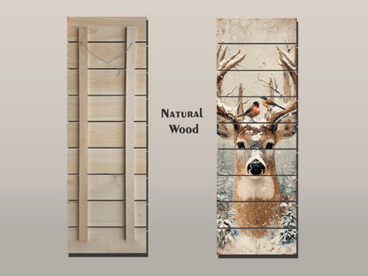 Deer Head Winter Print on Wood – Snowy Antlers Forest Scene, Rustic Wall Decor
