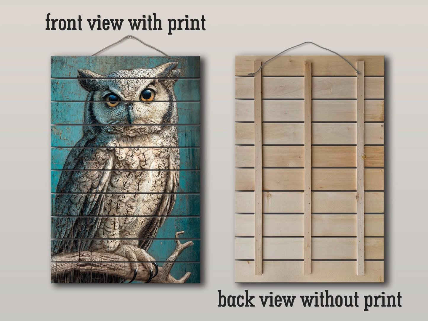 Wood Wall Art – Piercing Owl Wood Print on Linden Planks | Rustic Farmhouse Decor
