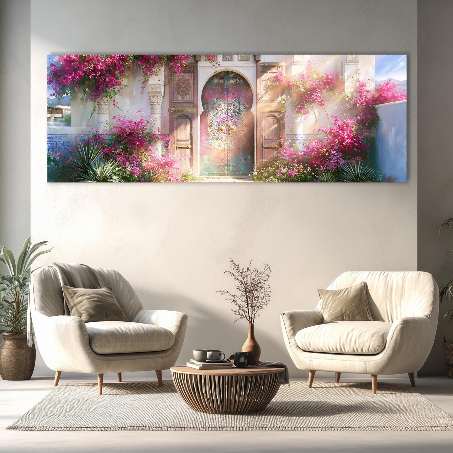 a living room with two white armchairs and a wooden coffee table, set against a backdrop of a large, colorful painting depicting a pink and green floral scene with a wooden door and archway.
