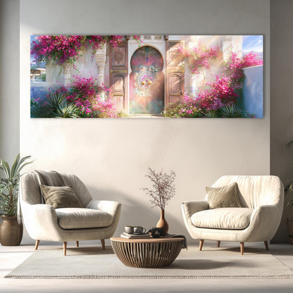a living room with two white armchairs and a wooden coffee table, set against a backdrop of a large, colorful painting depicting a pink and green floral scene with a wooden door and archway.