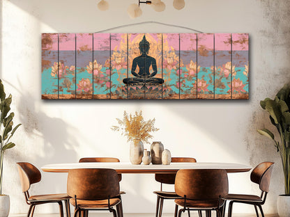 Wood Wall Art – Peaceful Buddha Silhouette with Lotus Flowers Print on Natural Wood, Buddhist Wall Decor, Buddha Painting, Buddhist Gift