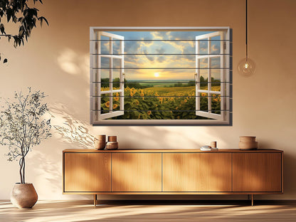 Wood Wall Art | Rustic Floral Wood Print with Sunflower Field Open Window Painting