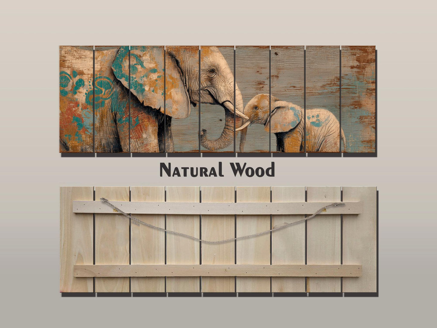 Loving Mother Elephant with Calf on Rustic Wooden Slats, Elephants Wall Art, Elephants Painting, Elephants Print on Wood, Wood Wall Art