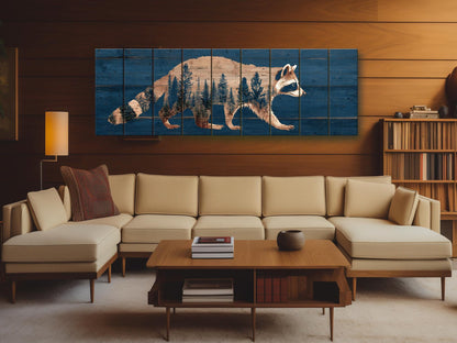 Raccoon Wall Art – Rustic Woodland Forest Silhouette on Natural Wood Planks