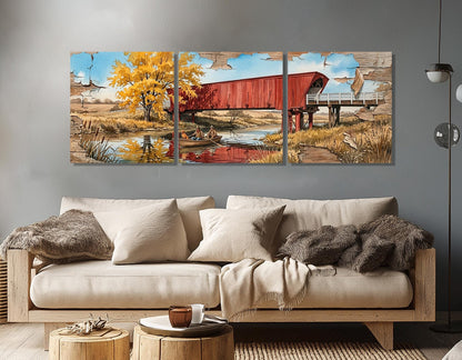 Roseman Bridge Canvas Print, Panoramic Covered Bridge Painting, Large River Wall Art, Framed and Ready to Hang