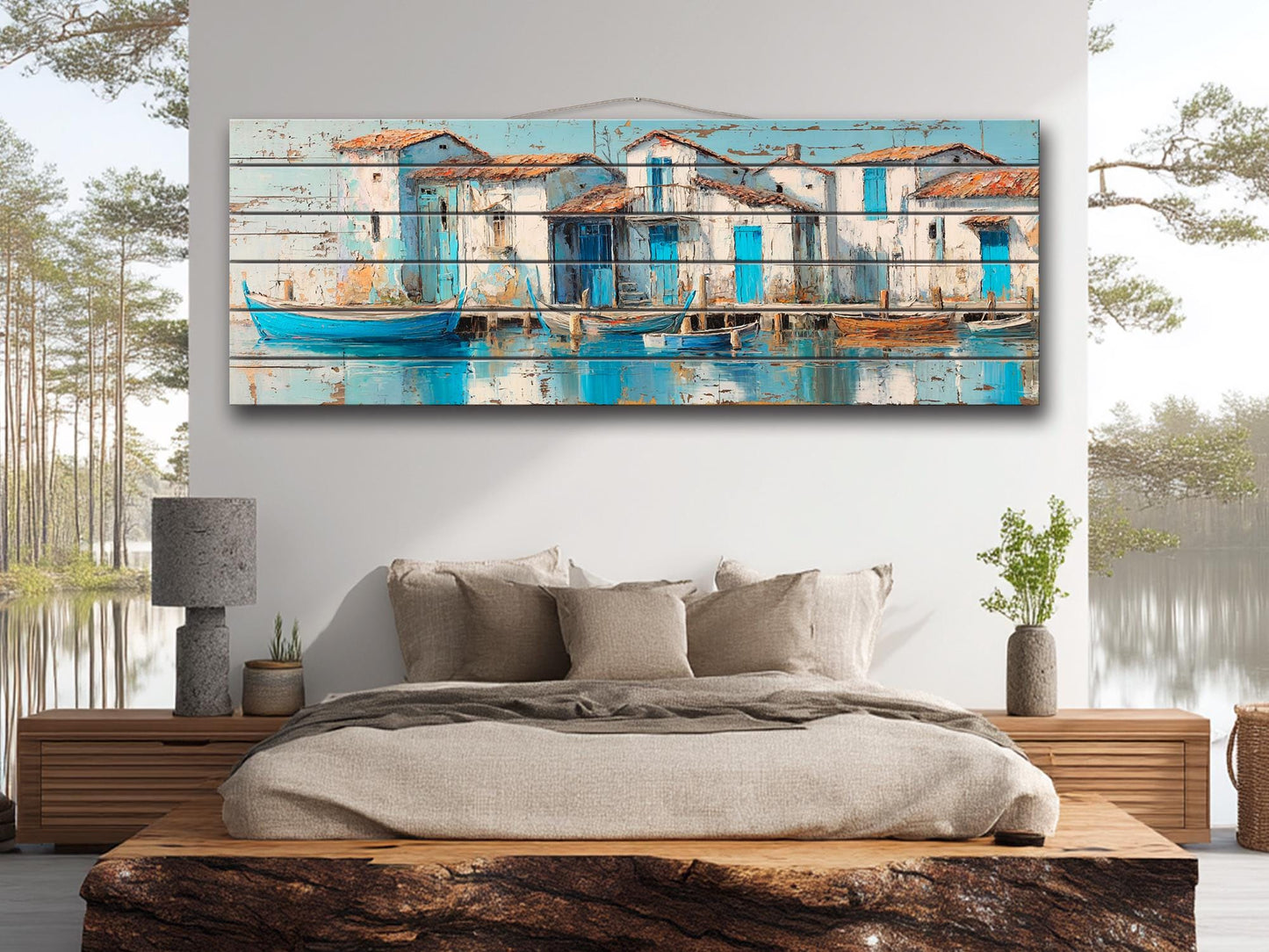 Seaside Village Print – Coastal Wall Art on Rustic Wood with Sky Blue Decor