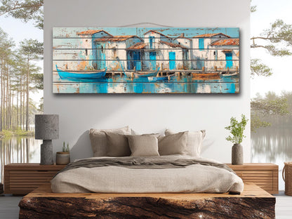 Seaside Village Print – Coastal Wall Art on Rustic Wood with Sky Blue Decor