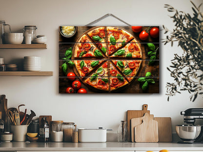 Pizza Wall Art - Colorful Pizza Print on Wood | Rustic Kitchen Wall Decor