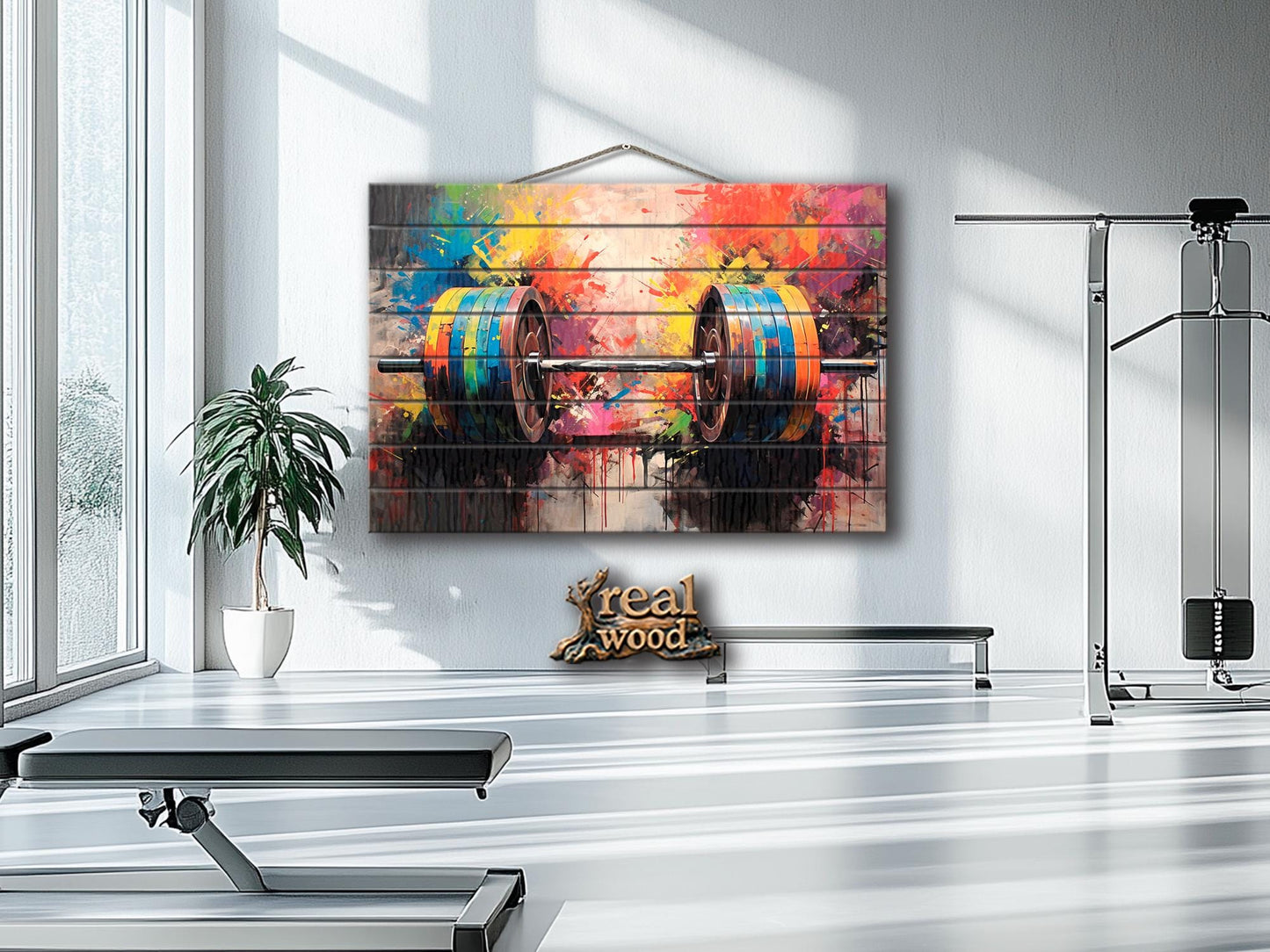 Barbell Wall Art – Abstract Wood Plank Painting | Gym Wall Decor, Motivational Gym Poster