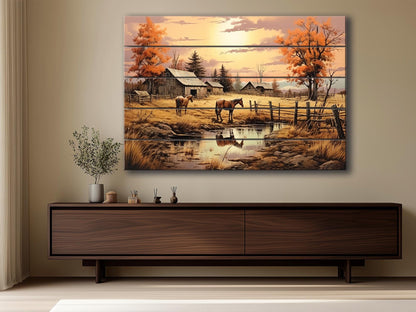 Midwestern Landscape Wood Print - Farmhouse Style Wood Plank Artwork Decor