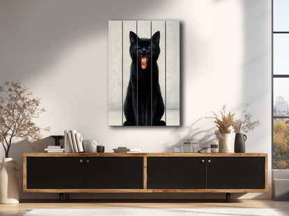 Black Cat Wall Art – Minimalist Cat Print On Wood | Rustic Wooden Decor