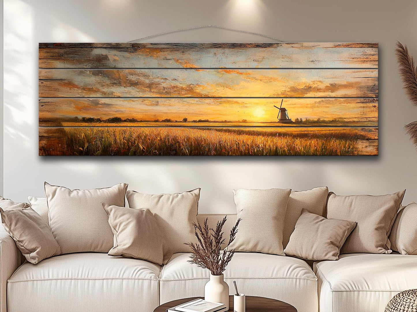 Wood Wall Art - Rustic Sunset Cornfield Painting | Natural Wood Decor, Farmhouse Style