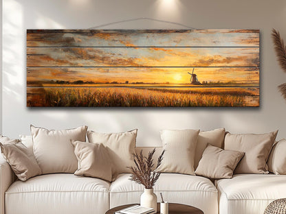 Wood Wall Art - Rustic Sunset Cornfield Painting | Natural Wood Decor, Farmhouse Style