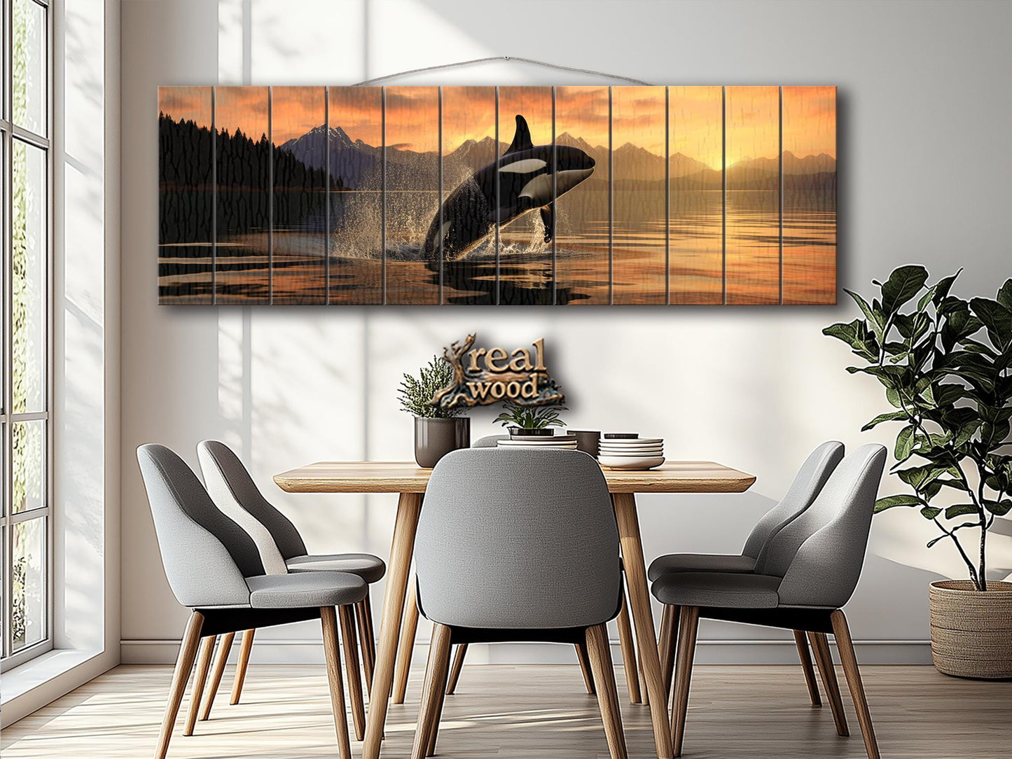 Orca Wall Art – Large Abstract Orca Jump Painting | Natural Wood Print Decor