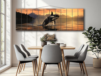 Orca Wall Art – Large Abstract Orca Jump Painting | Natural Wood Print Decor