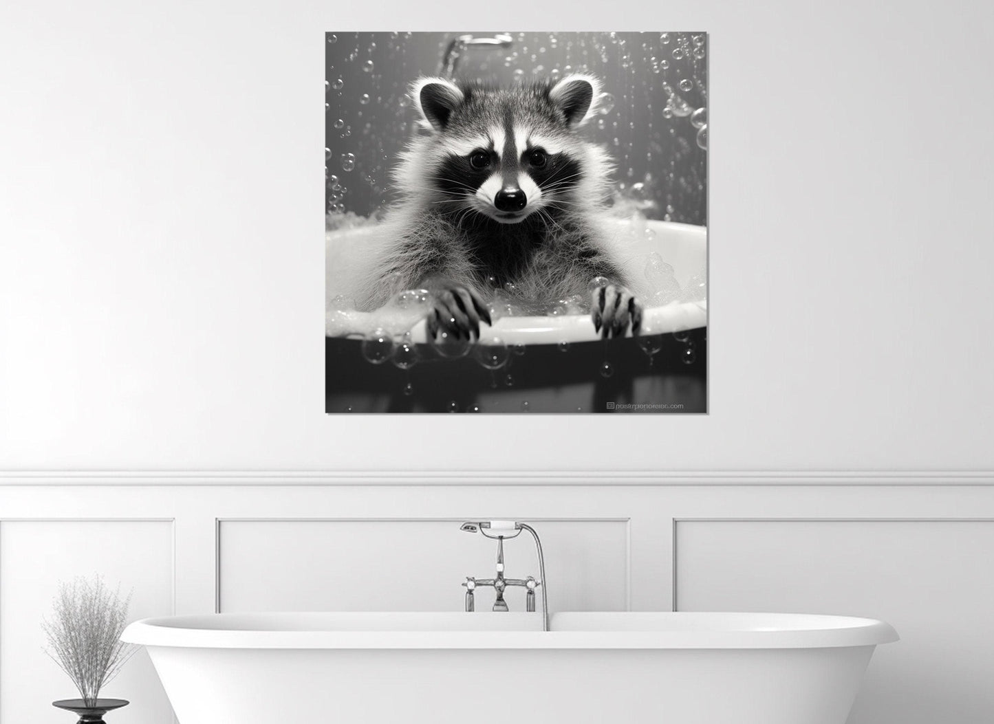 Raccoon Bathroom Wall Art – Cute Black and White Canvas Print | Nursery Decor