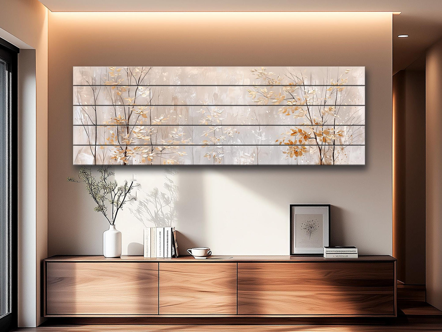 Wood Wall Art – Winter Forest Art with Golden Leaves Painting | Rustic Wood Panel Print