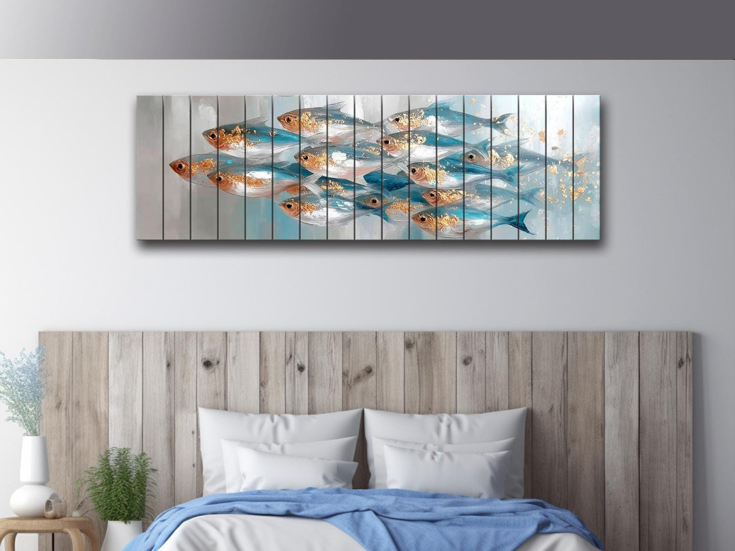 School of Fish Print on Wood, Marine Abstract Painting, Coastal Wall Art