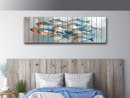 School of Fish Print on Wood, Marine Abstract Painting, Coastal Wall Art