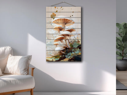 Wood Wall Art – Rustic Nature Print with Forest Mushrooms – Cozy Farmhouse Decor