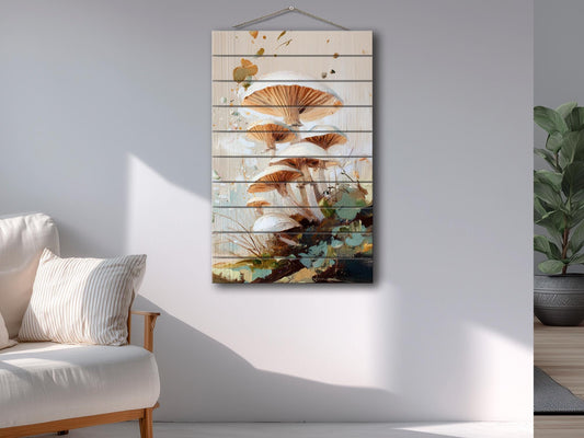 Wood Wall Art – Rustic Nature Print with Forest Mushrooms – Cozy Farmhouse Decor