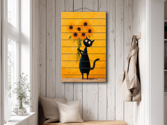 Wood Wall Art – Black Cat Painting with Sunflowers | Minimalist Rustic Decor