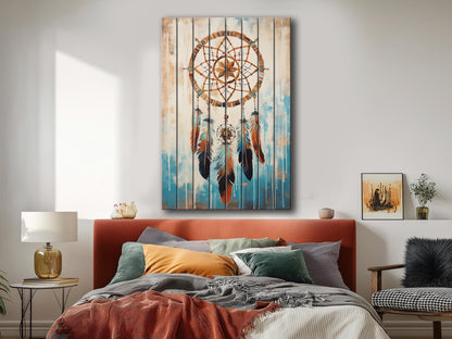 Dreamcatcher Wood Art – Native American Boho Wood Print on Natural Plank