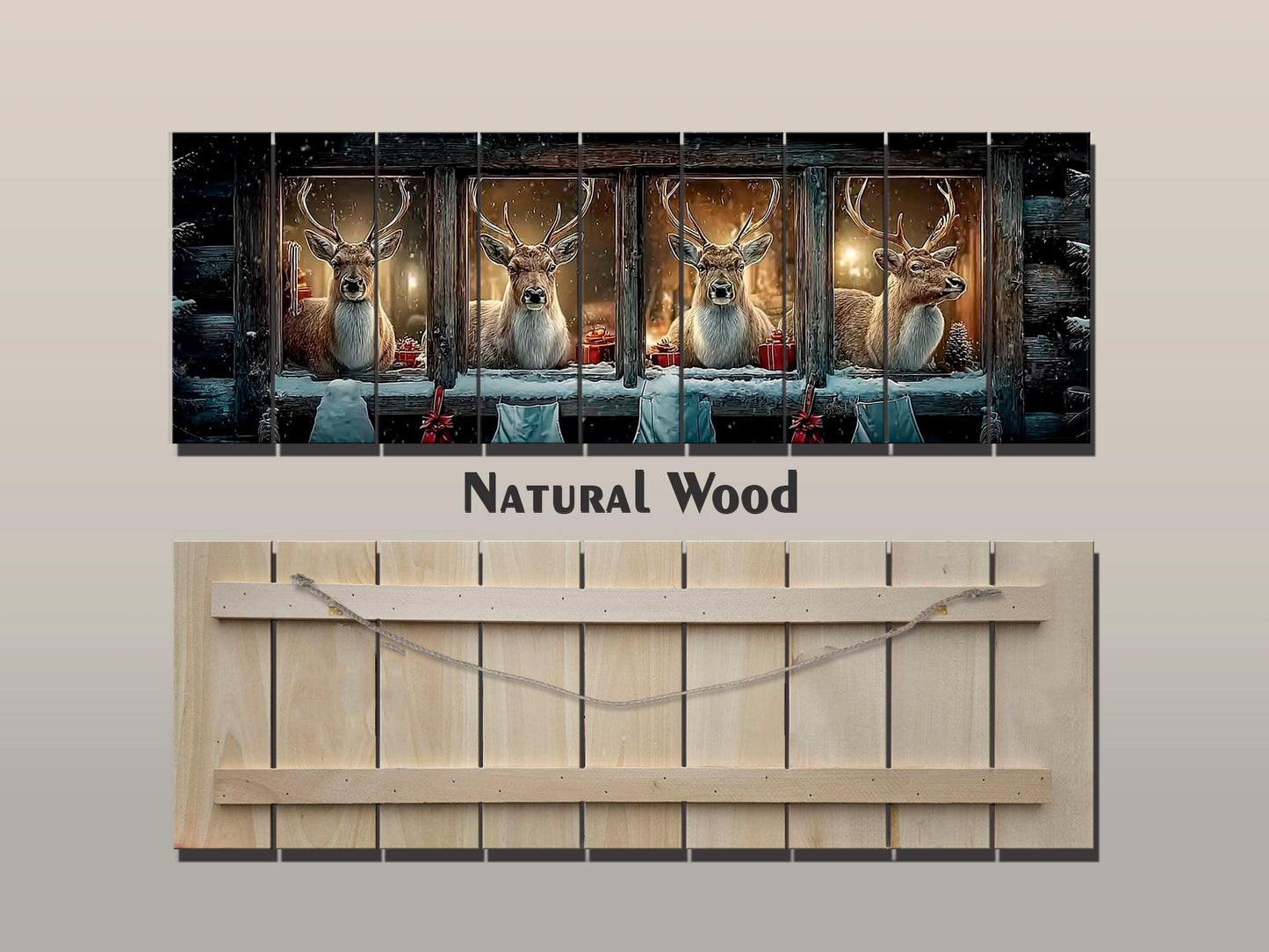 Christmas Reindeer Cabin Print on Wood – Cozy Winter Night Wall Art, Rustic Holiday Decor