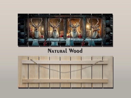 Christmas Reindeer Cabin Print on Wood – Cozy Winter Night Wall Art, Rustic Holiday Decor