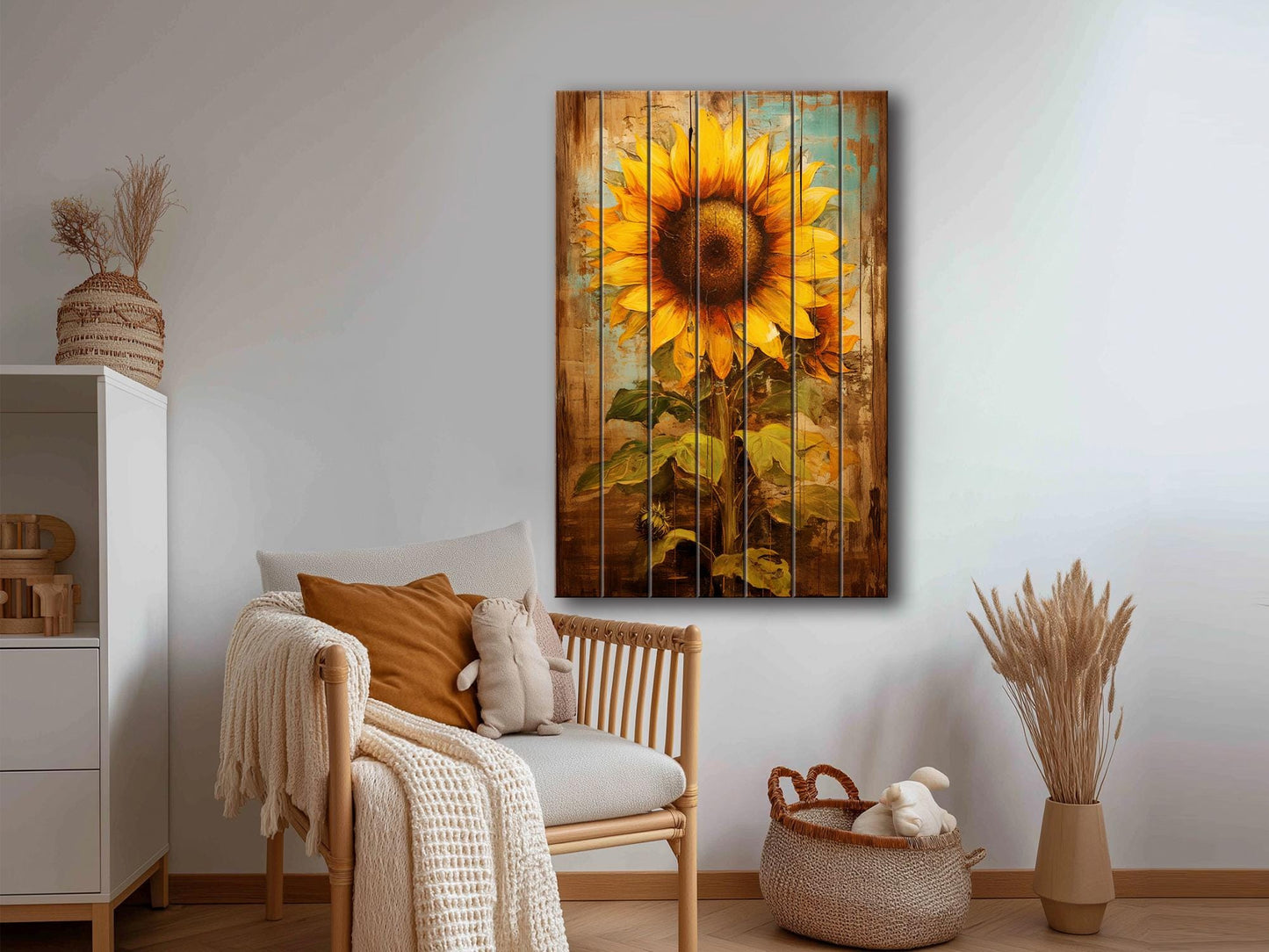 Sunflower Wood Art | Handcrafted Rustic Wall Decor with Unique Wood Grain Print