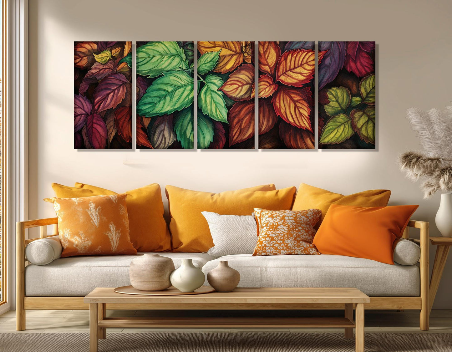 Retro Canvas Art - Colorful Leaf Wall Art Framed Print | Rustic Wildflowers Decor
