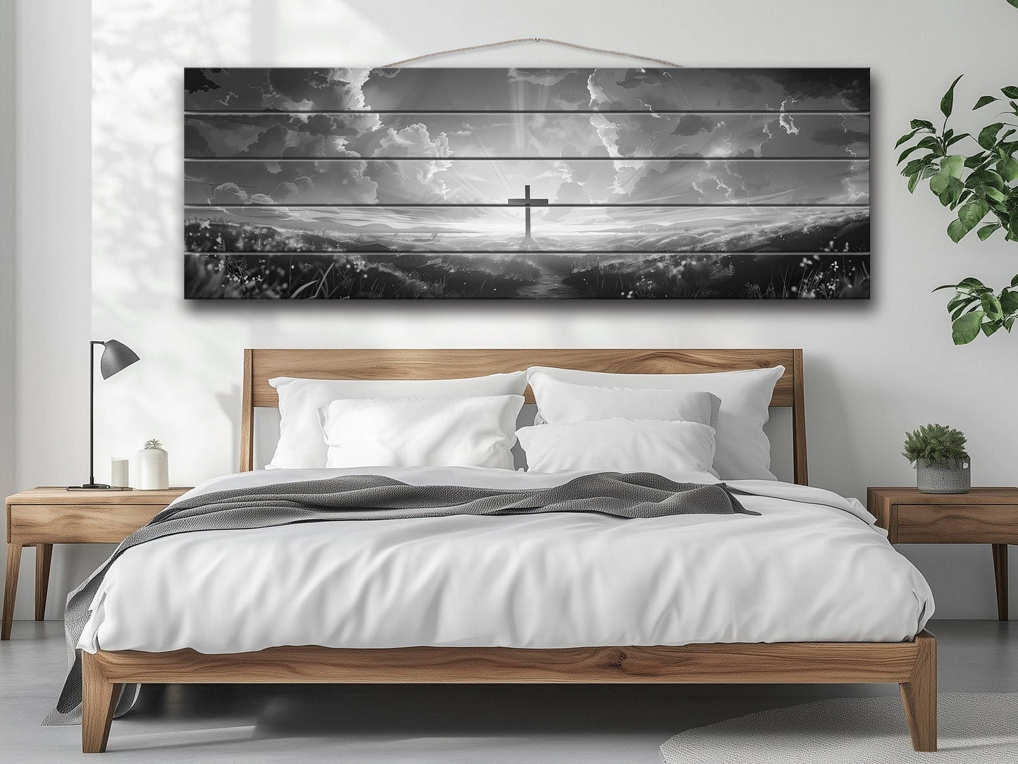 Cross Wall Art – Wood Wall Art Printed on Natural Wood with Black and White Cross in Flowers