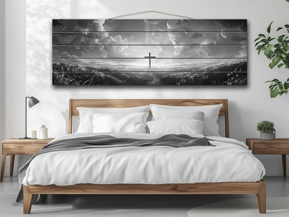Cross Wall Art – Wood Wall Art Printed on Natural Wood with Black and White Cross in Flowers