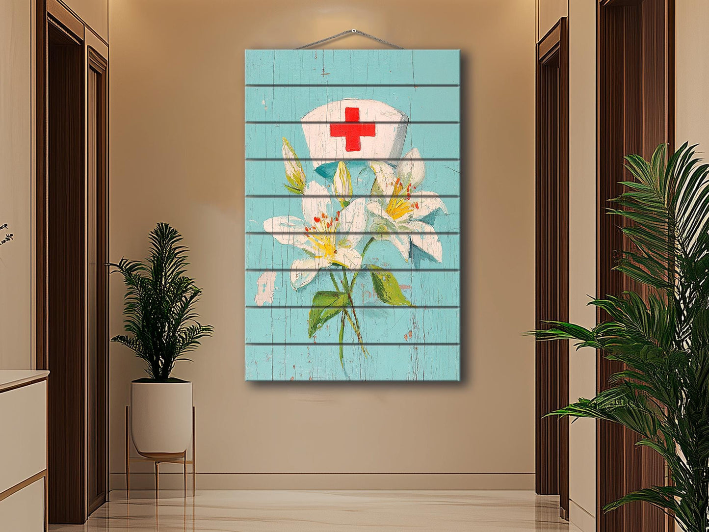Rustic Wood Wall Art – Nurse Cap Wall Decor with Lilies – Farmhouse Medical Art Printed on Wood