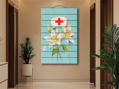Rustic Wood Wall Art – Nurse Cap Wall Decor with Lilies – Farmhouse Medical Art Printed on Wood