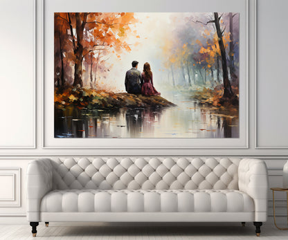 Autumn Forest Wall Art - Romantic Canvas Print With Couple Love Artwork, Ready to Hang