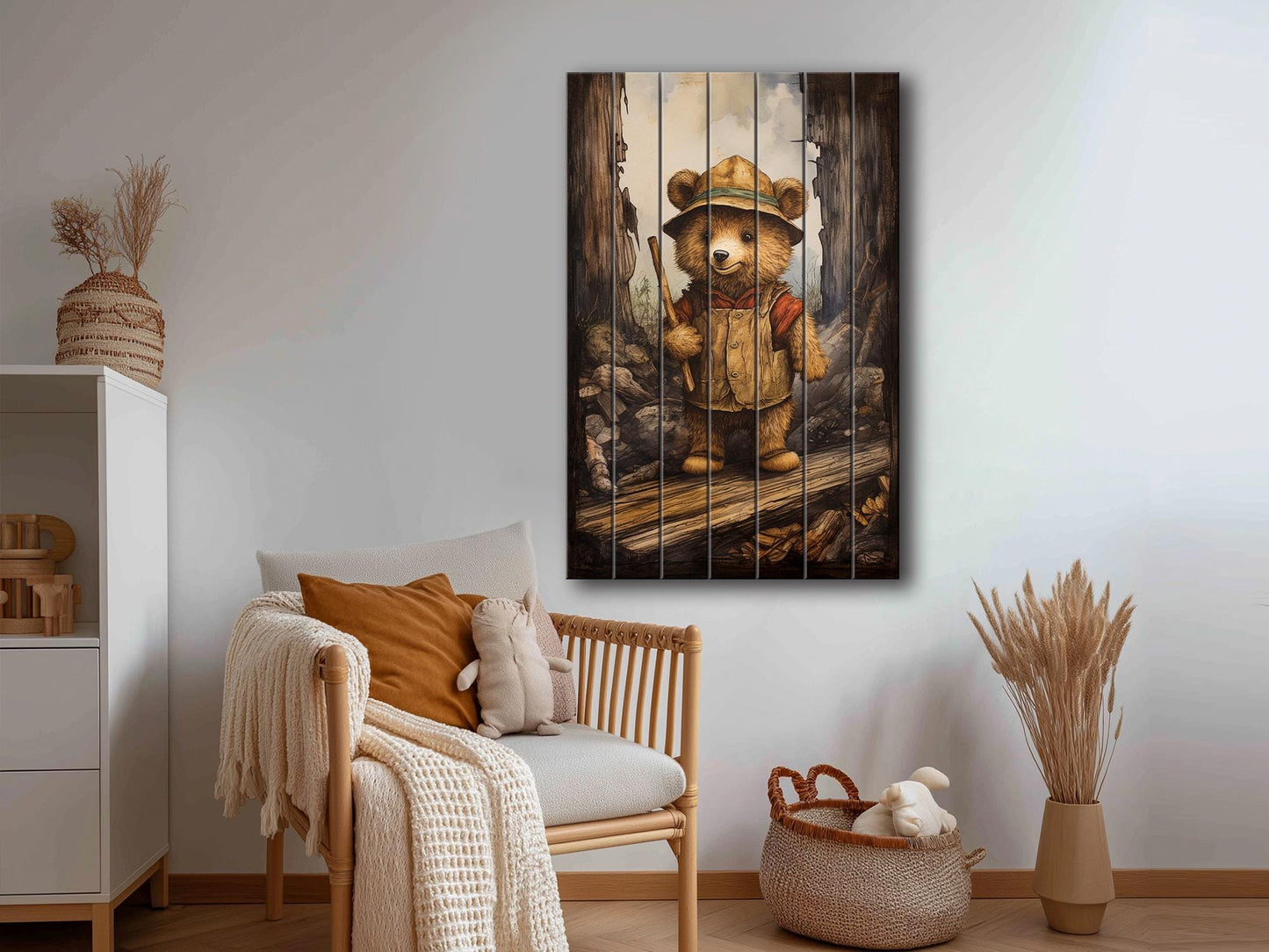Rustic Hiking Bear Print on Natural Wood – Nursery Animal Wall Art