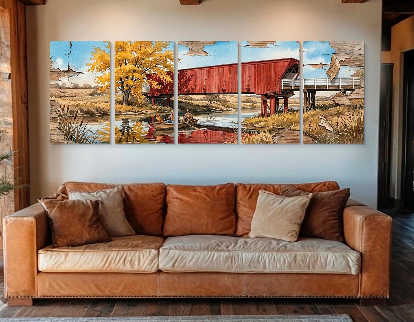 Roseman Bridge Canvas Print, Panoramic Covered Bridge Painting, Large River Wall Art, Framed and Ready to Hang