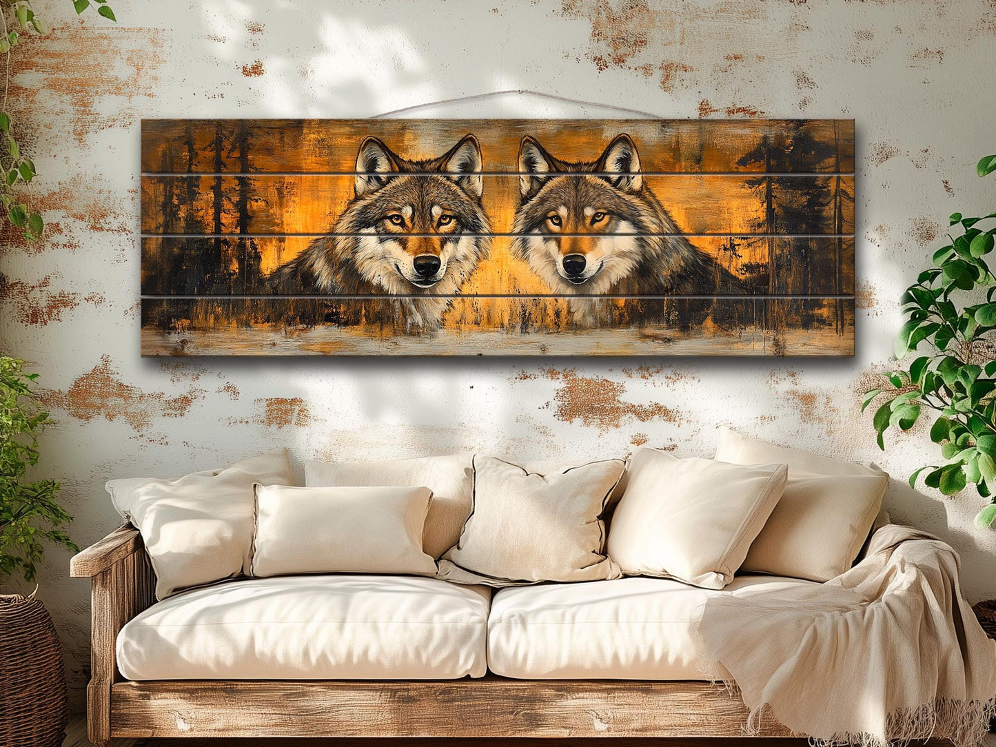 Rustic Wood Wall Art - Wolves Couple Art on Natural Wood Plank Painting
