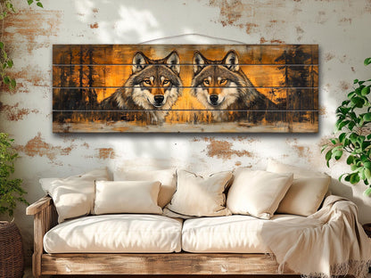Rustic Wood Wall Art - Wolves Couple Art on Natural Wood Plank Painting