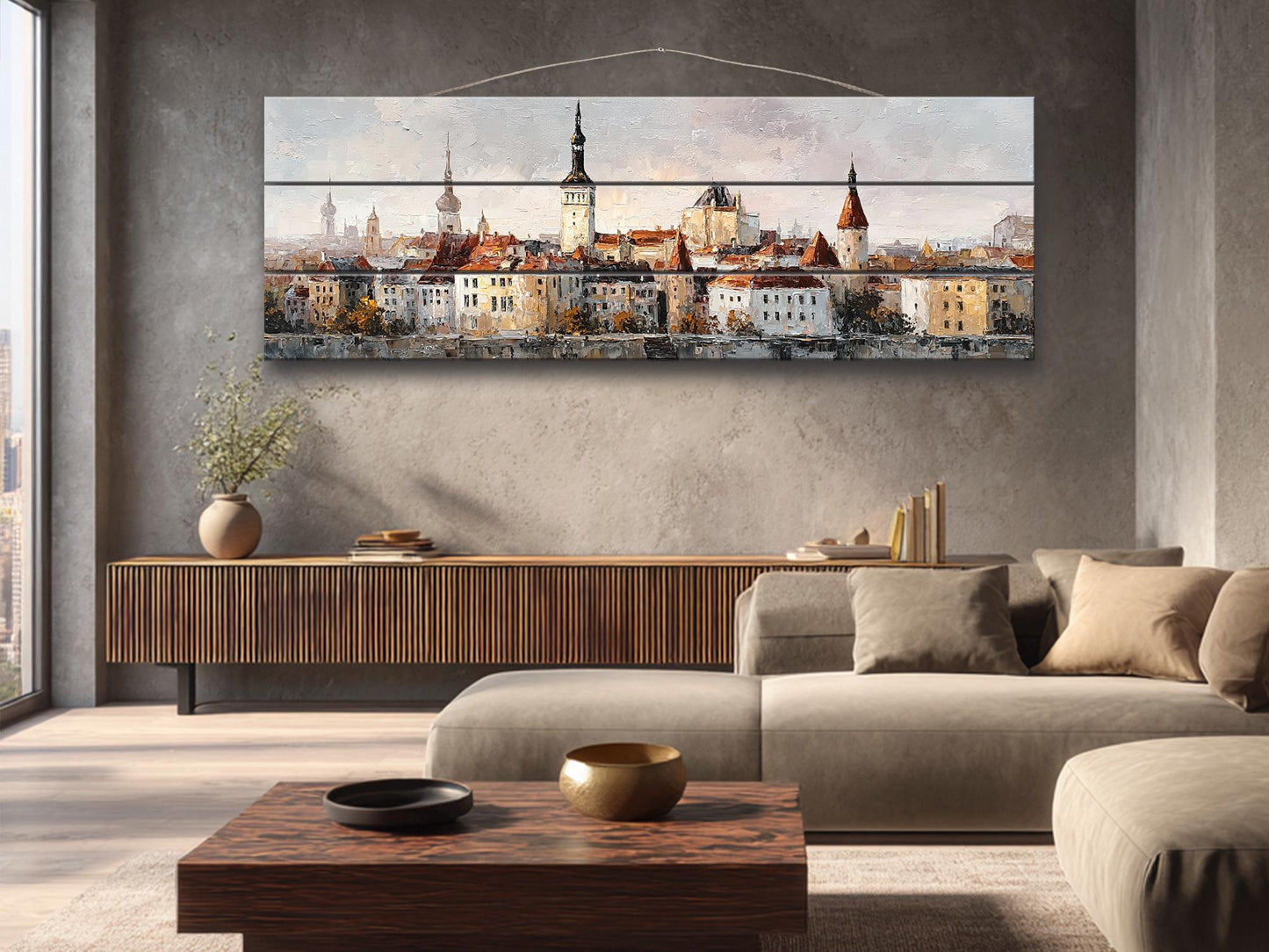 Tallinn Wood Print – Rustic Wall Art With Beige Morning Skyline on Distressed Wood